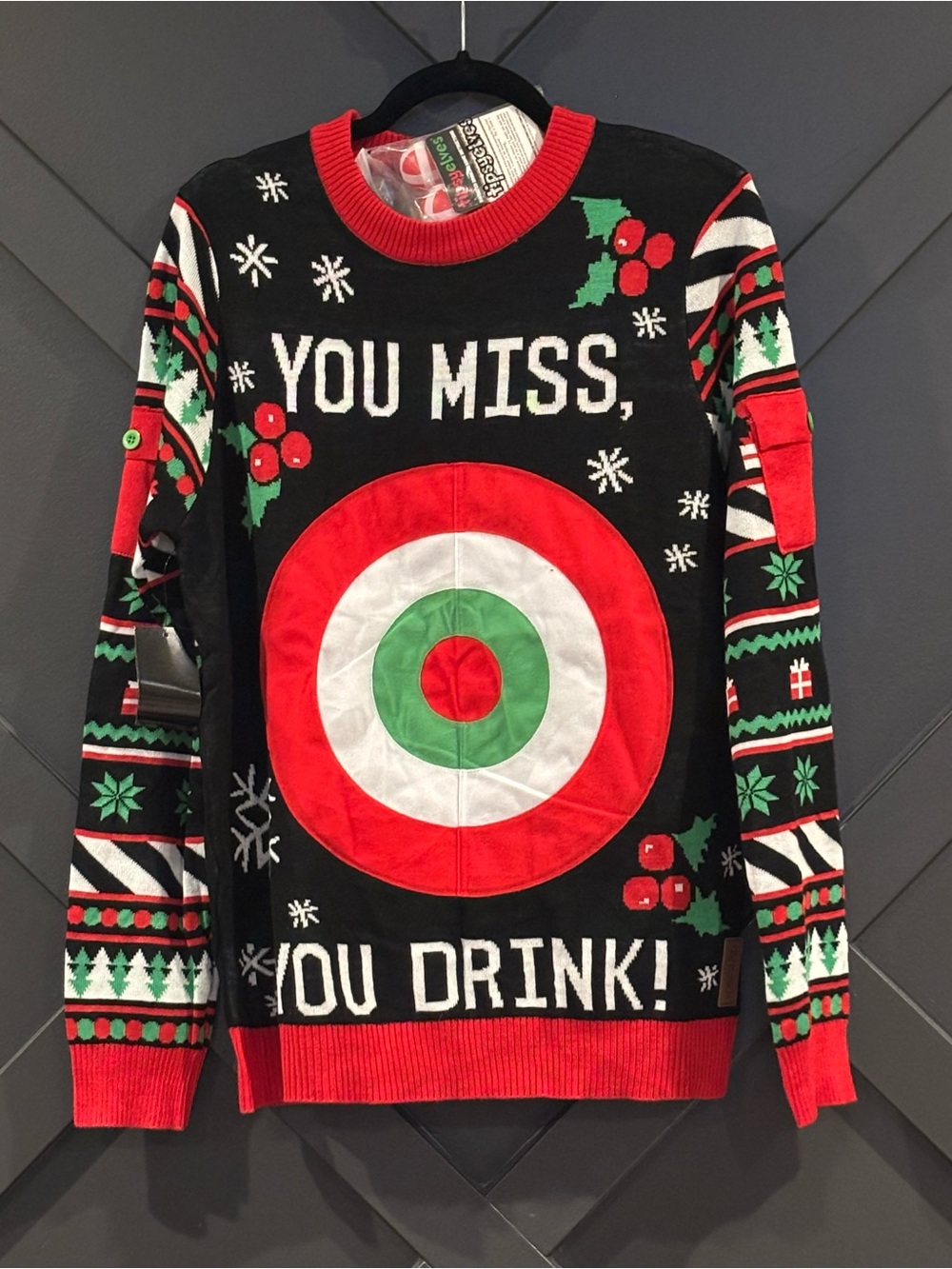 Tipsy Elves Black, Red & Green Holiday Target Crewneck Sweater